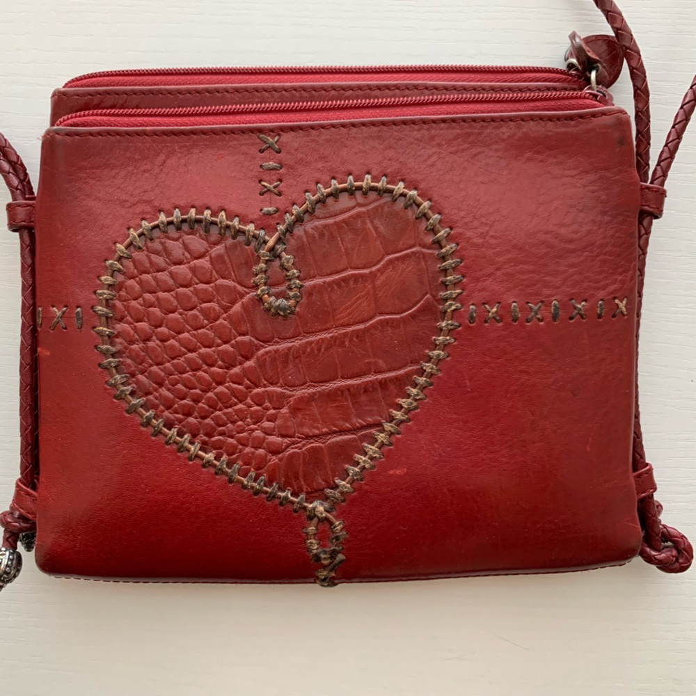 Red Leather Brighton Clutch Purse With Heart Charms & Stitching, Braided Straps